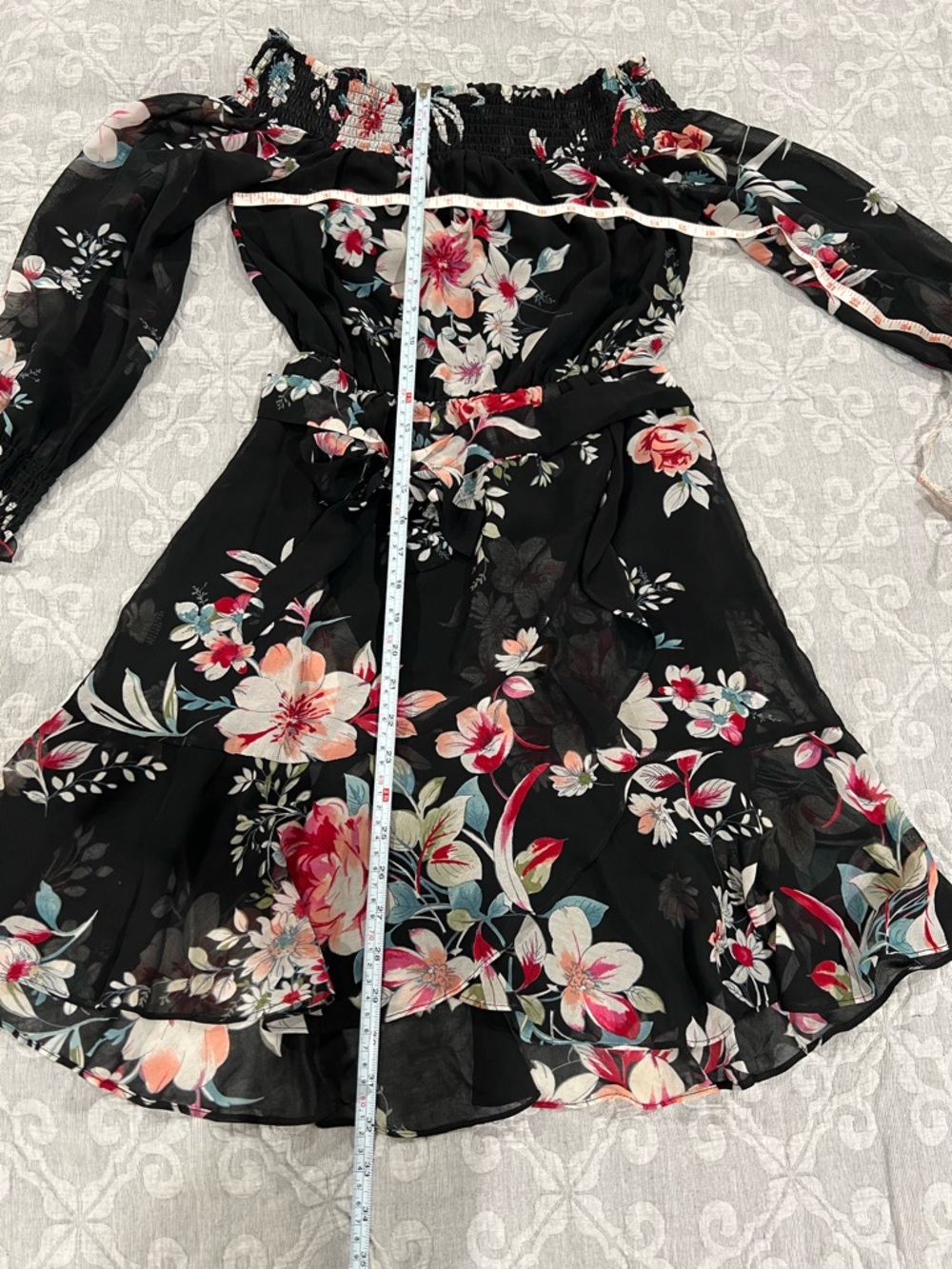 Aqua Black Floral Off-Shoulder Long Sleeve Dress - Picture 2 of 3